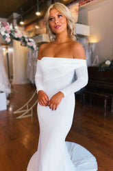 White Off-the-Shoulder Long Sleeve Mermaid Wedding Dress